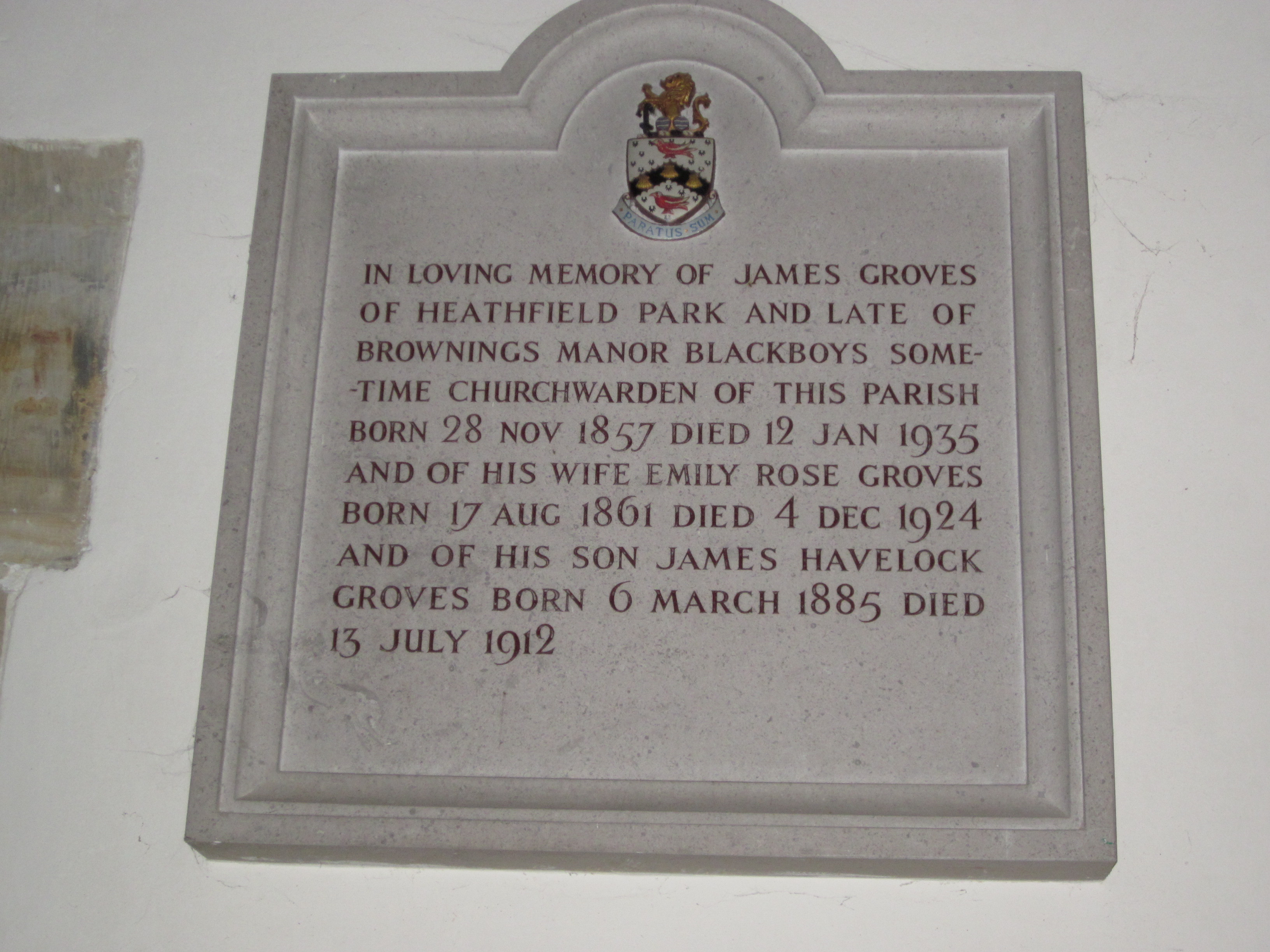 "In loving memory of James Groves of Heathfield Park and late of Brownings Manor Blackboys sometime Churchwarden of this parish. Born 28 Nov 1857 Died 12 Jan 1935 and of his wife Emily Rose Groves born 17 Aug 1861 Died 4 Dec 1924 and of his son James Havelock Groves born 6 March 1885 Died 15th July 1912."